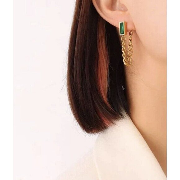 Gold Plated Tassel Emerald Green Earrings Stainless Steel Chain womens jewelry - Picture 10 of 11